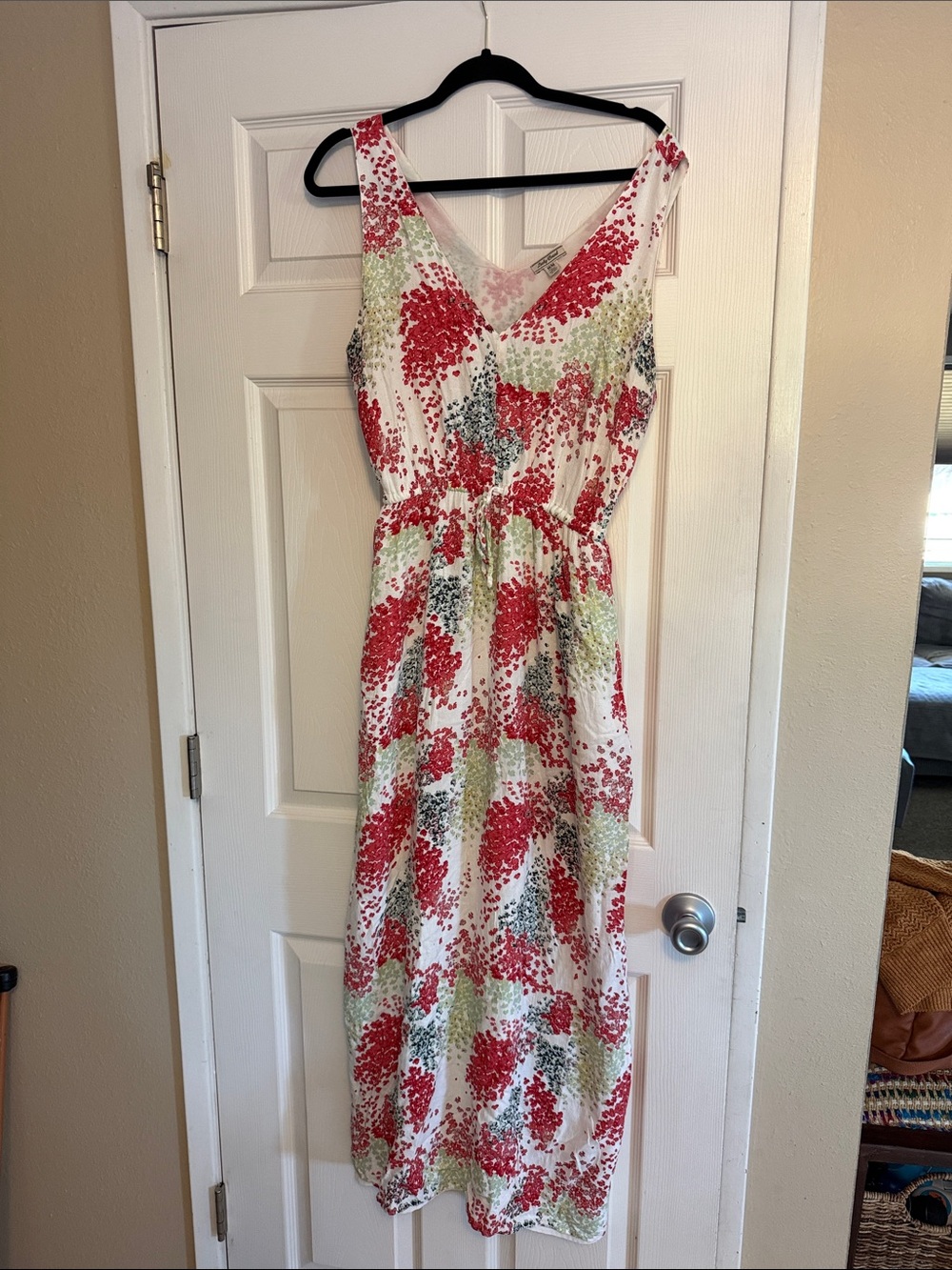 Lucky Brand White Maxi Dress with Red & Green Floral Dot Print
